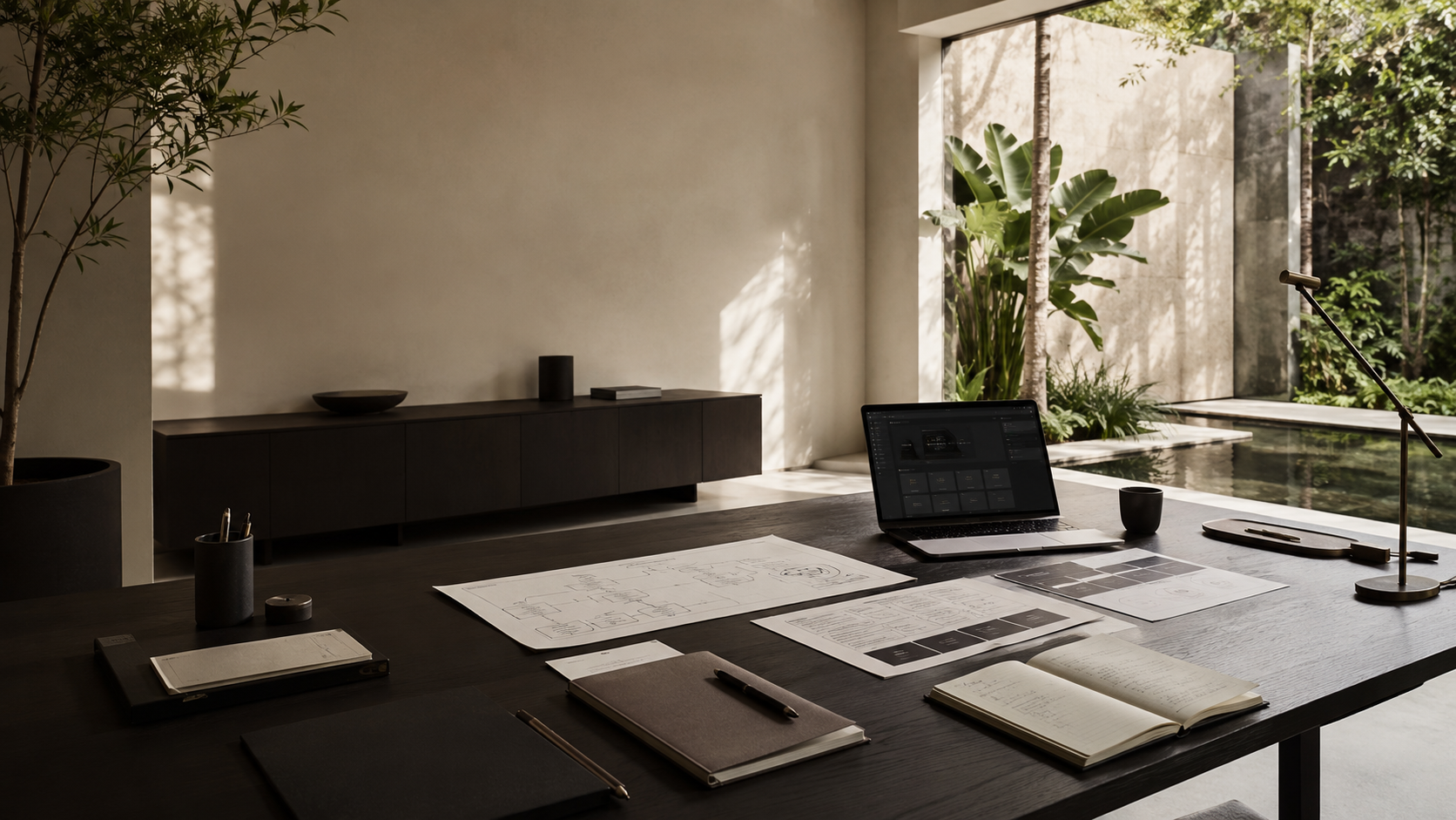 Minimal luxury creative-tech workspace with strategy papers, laptop, and warm natural light